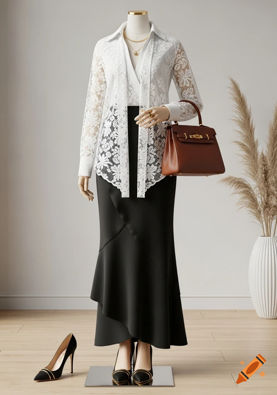 Mannequin wearing a white lace shirt, black long skirt, brown handbag, black and gold heels, and gold jewelry.