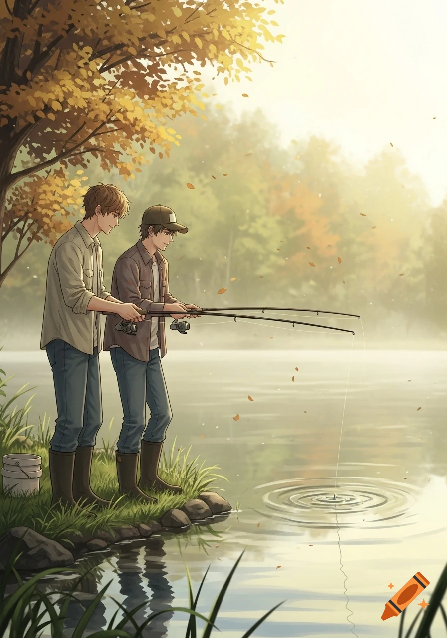 Two anime-style young men fish by an autumn lake, surrounded by golden trees and falling leaves.