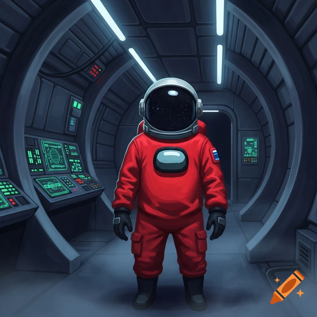 A red Among Us character with a starry visor stands in a dark gray spaceship corridor with glowing lights and control panels.