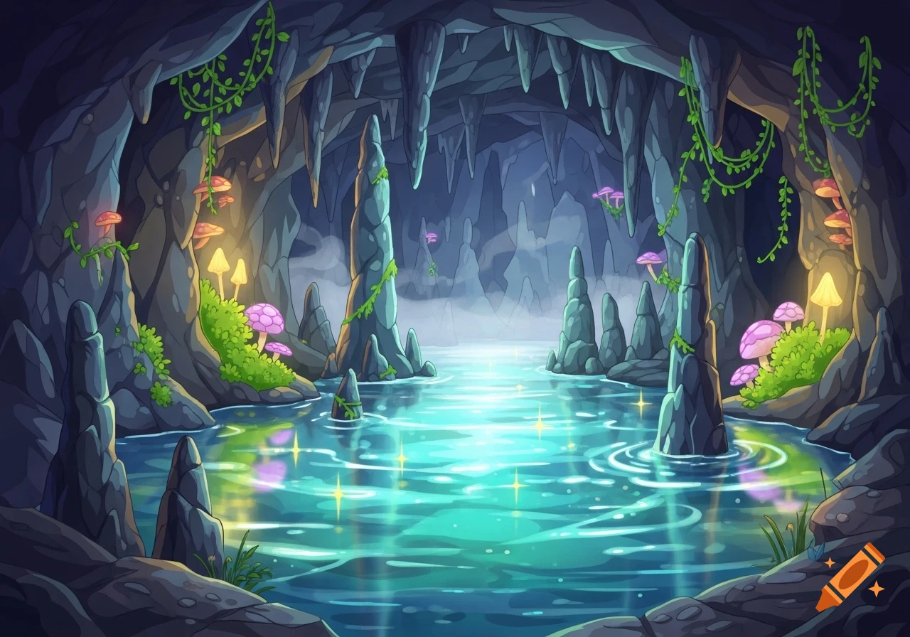 Cartoon illustration of a mystical cave with a glowing blue pool, stalactites, and vibrant glowing mushrooms.