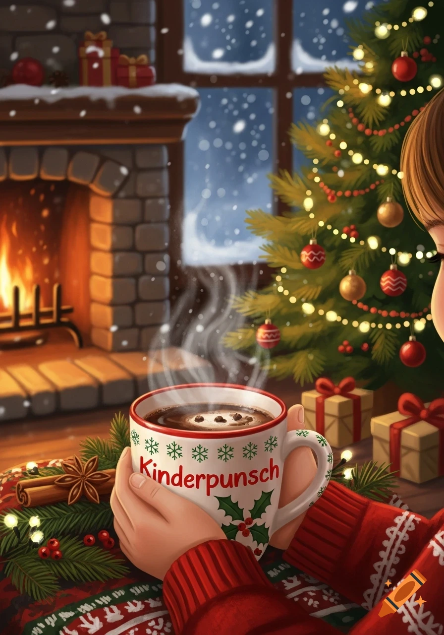Cozy digital illustration of hands holding a steaming mug of Kinderpunsch in a room with a lit fireplace, Christmas tree, and snowy window.