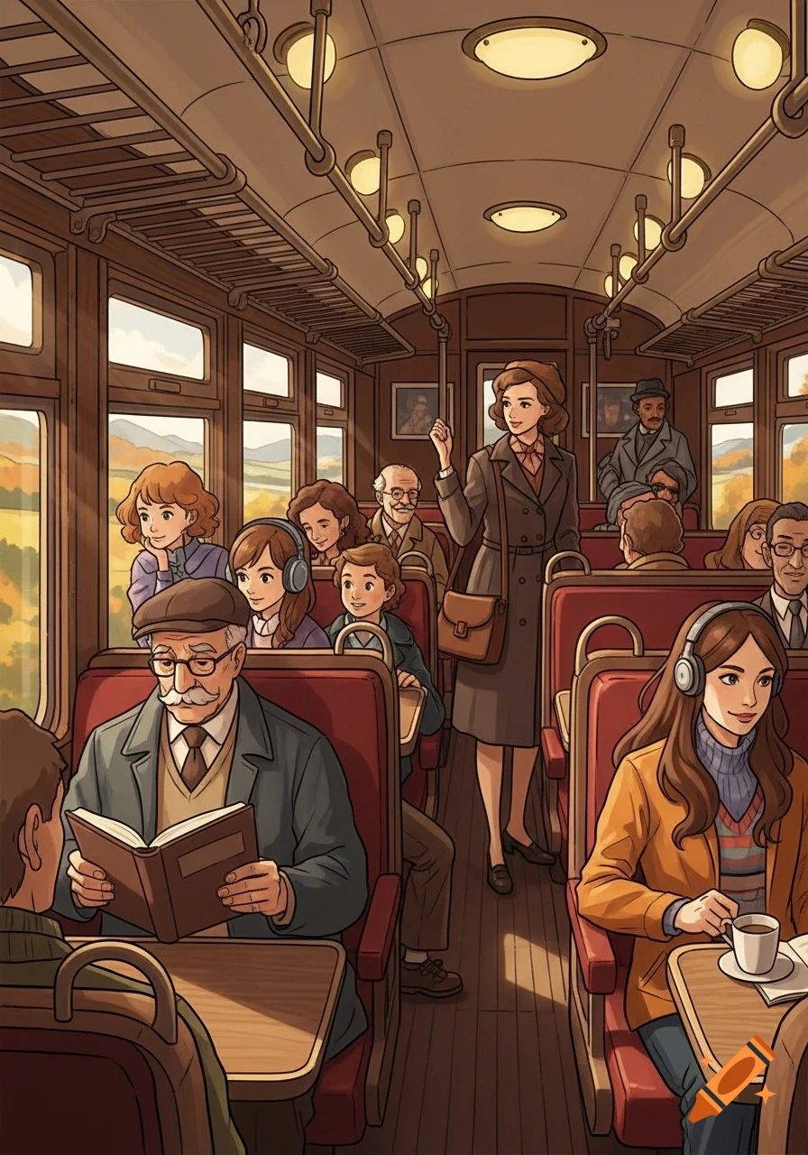 An illustration of diverse passengers riding a vintage train car with large windows revealing an autumnal landscape. People are reading, listening to headphones, and conversing.