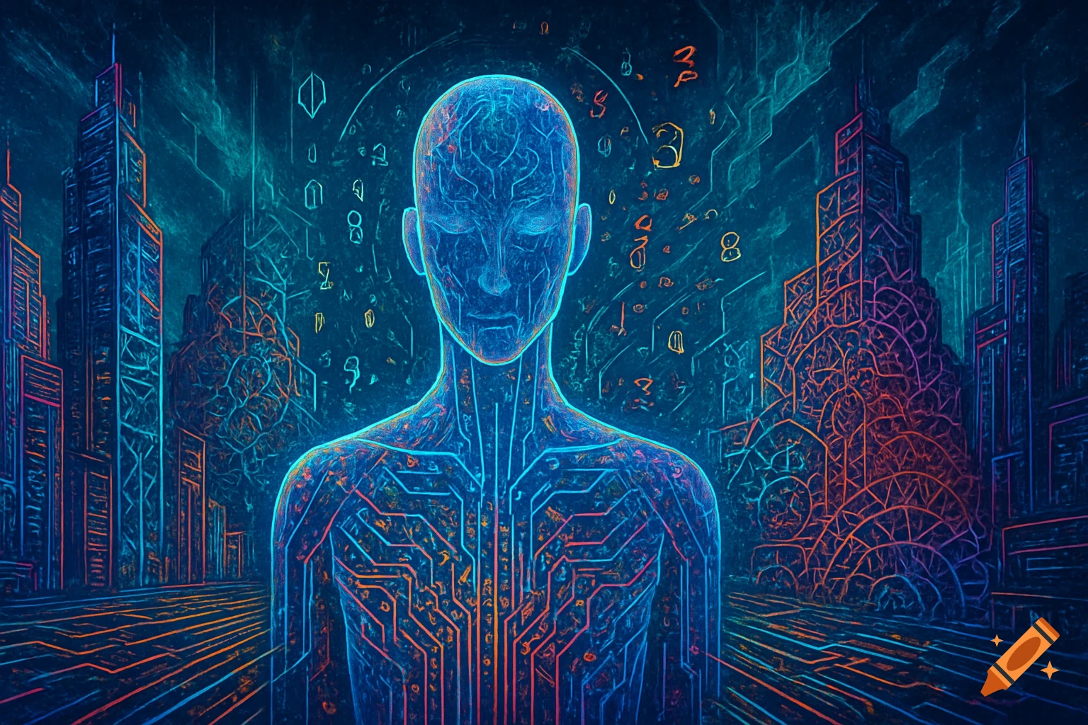 Stylized digital human figure with circuitry patterns in a neon blue and orange cybernetic cityscape, featuring floating abstract symbols.