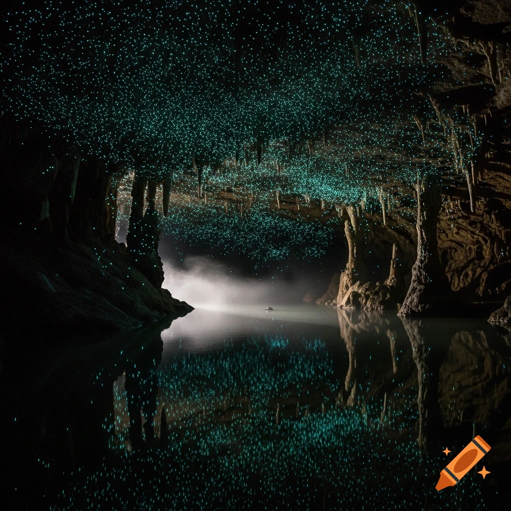 Photorealistic image of a dark cave ceiling covered in thousands of green glow worms, reflecting in calm water below.