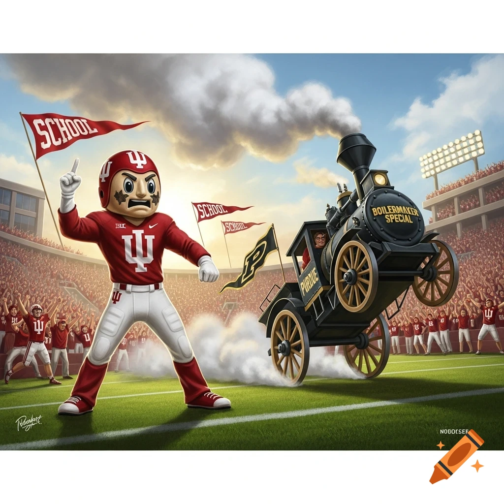 An IU mascot in a red uniform points while a black Purdue Boilermaker Special train jumps in a stadium filled with cheering fans, in an illustrated style.