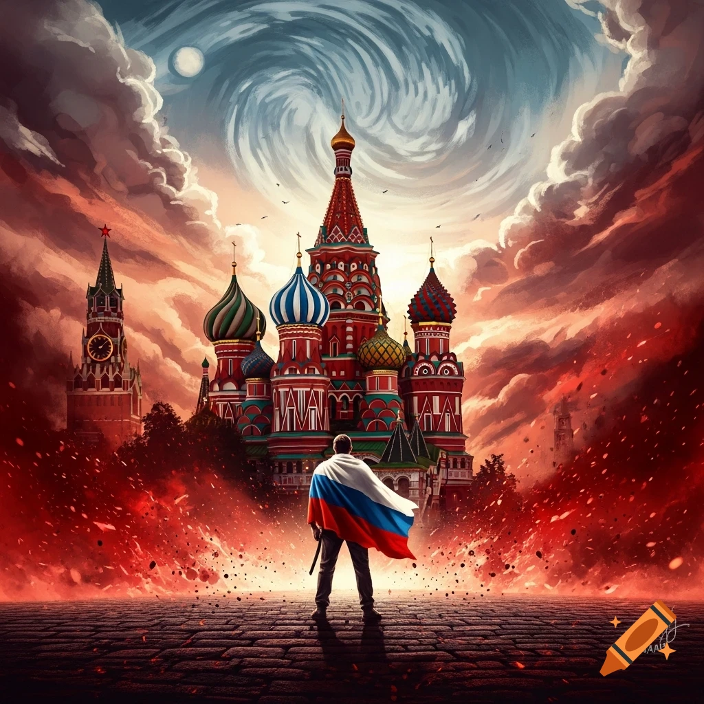 A figure in a Russian flag stands before St. Basil's Cathedral and the Kremlin under a dramatic, red-tinged stormy sky.