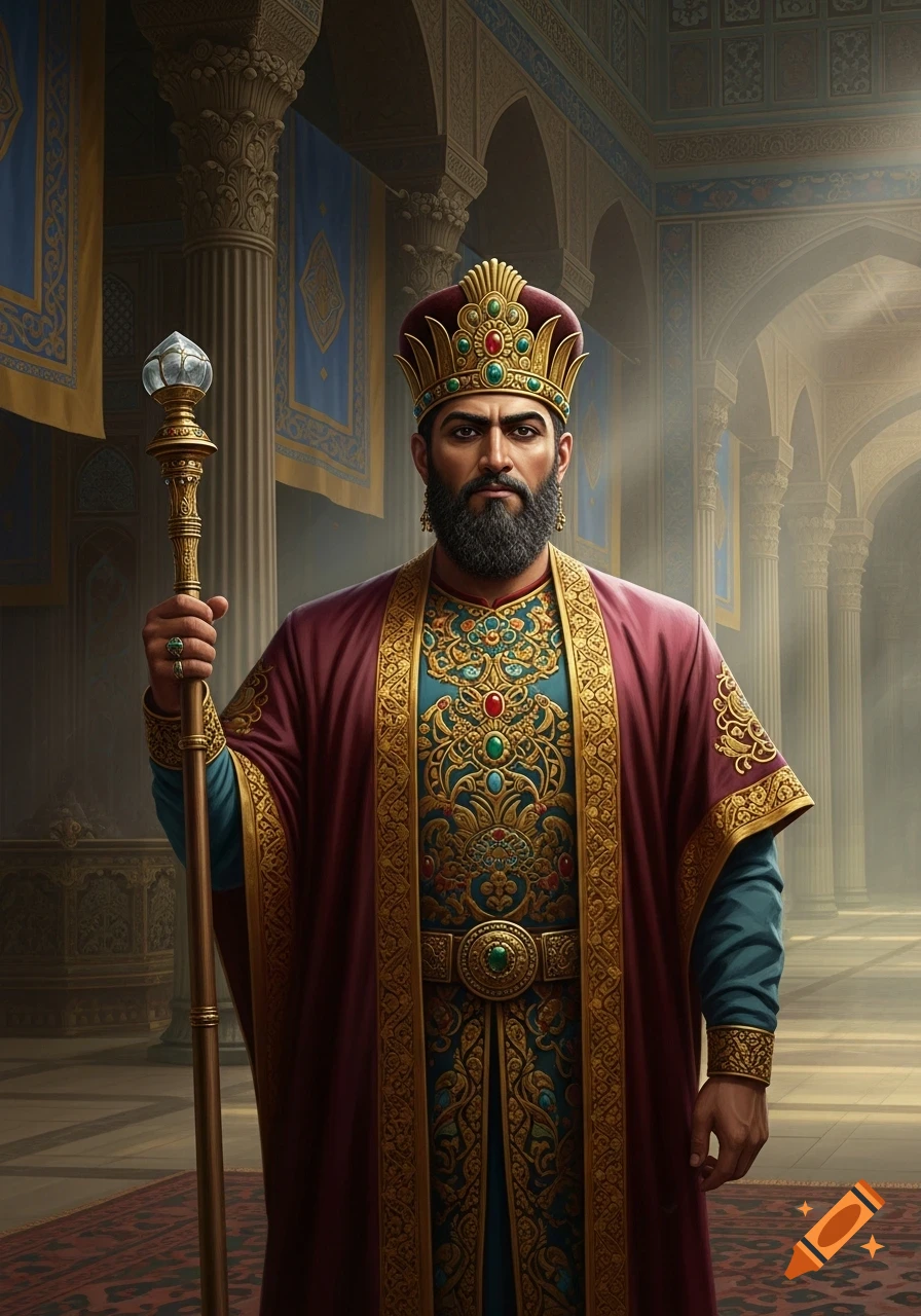 A realistic oil painting style portrait of a king in a golden crown and elaborate red and gold royal robe, holding a scepter, standing in a grand palace.