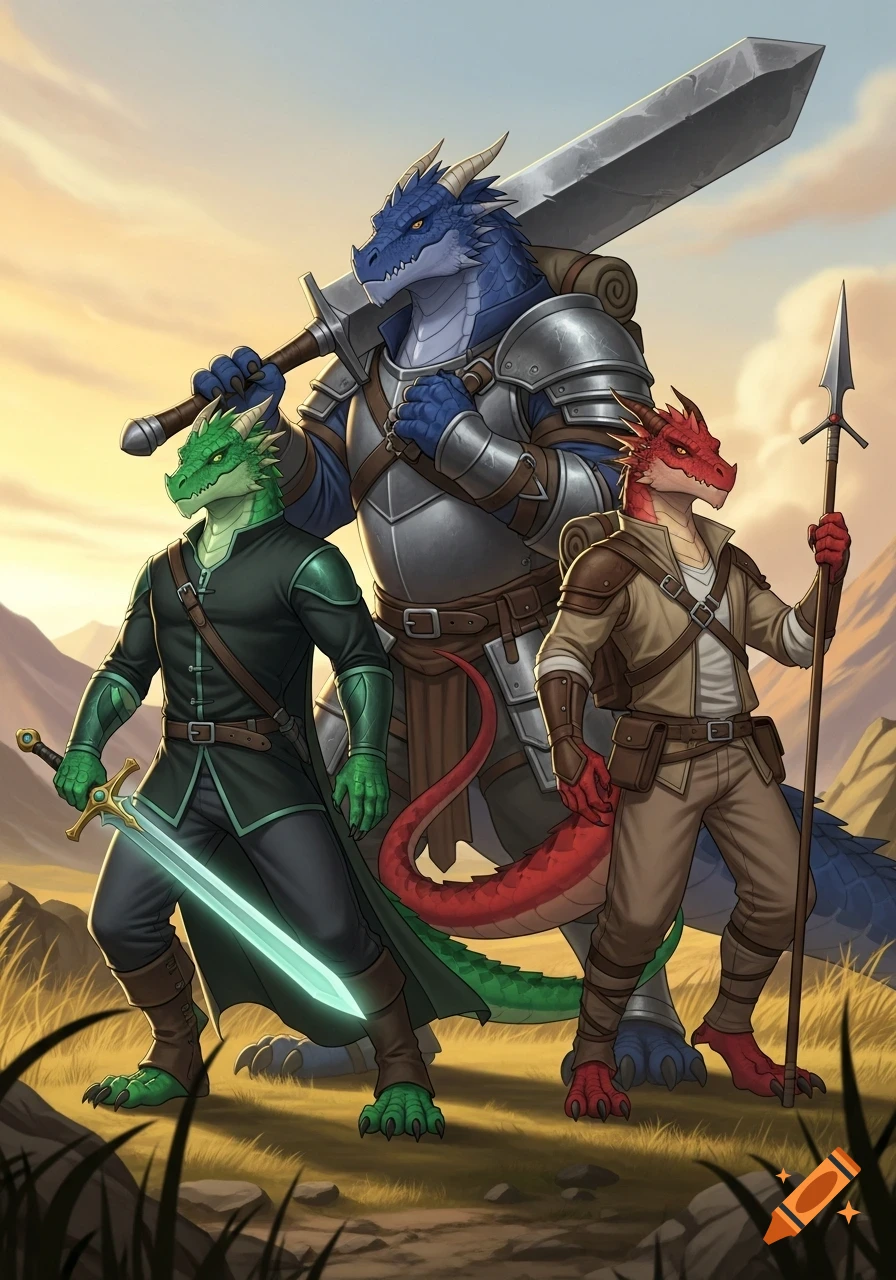 A blue armored dragon with a greatsword, a green dragon with a glowing sword, and a red dragon with a spear stand in a grassy field.