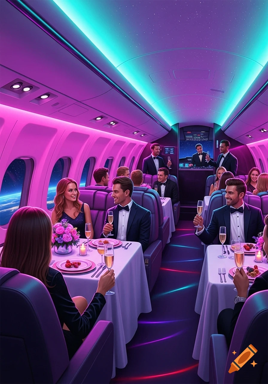 A vibrant party inside a private jet with people dining and drinking champagne under neon pink and blue lights.