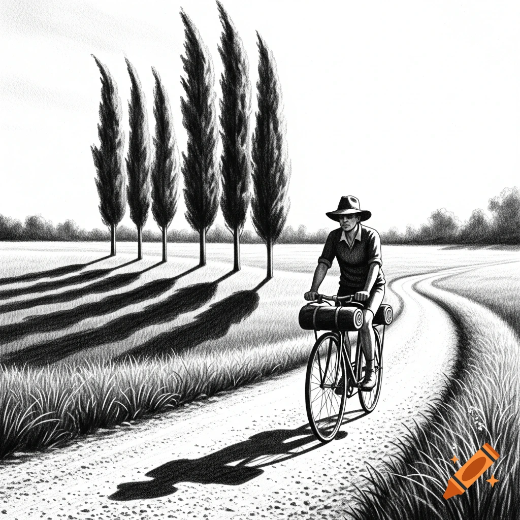 Black and white pencil sketch of a man on a bicycle riding on a dirt road through a field with tall trees.