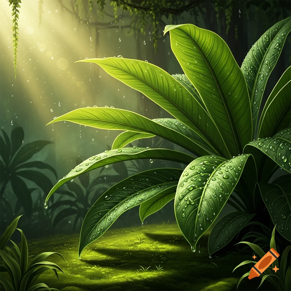 Lush green plant leaves with dewdrops in a sunlit rainforest setting, soft light filtering through trees.