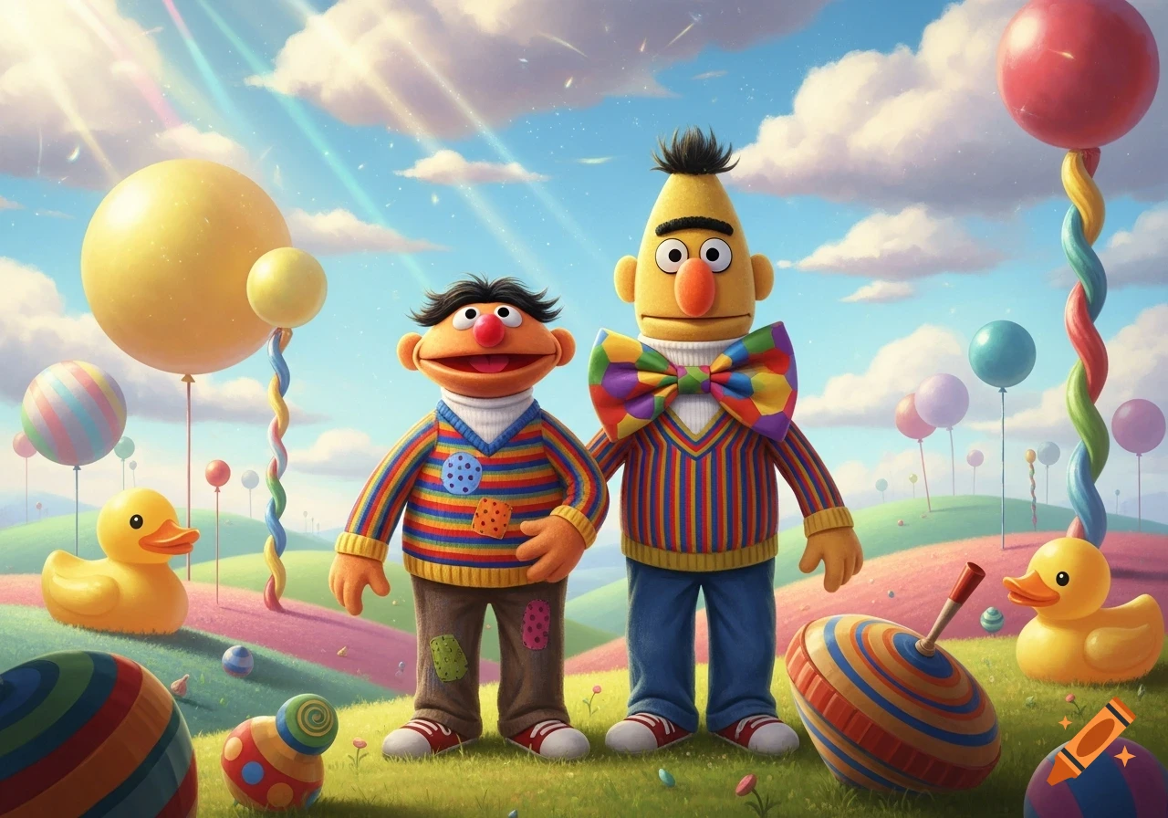 Bert and Ernie stand in a vibrant, whimsical landscape filled with colorful balloons, rubber ducks, and spinning tops under a blue sky.