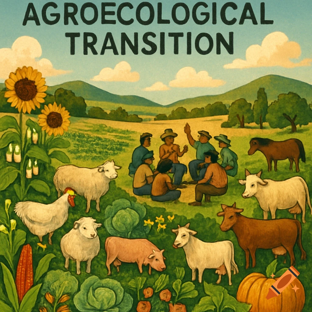 Stylized illustration of a farm scene with various animals, crops, people discussing, and 'AGROECOLOGICAL TRANSITION' text.