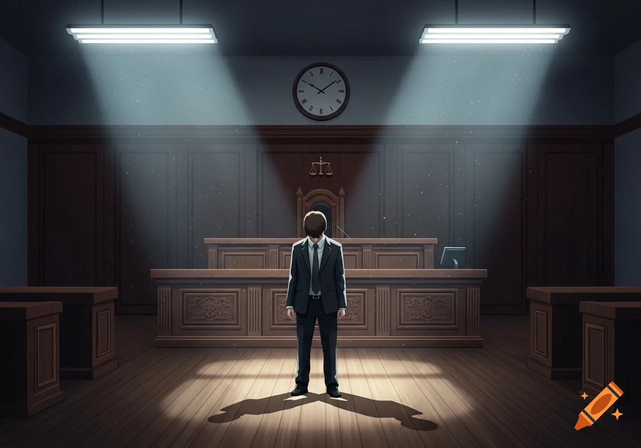 An illustration of a person in a suit standing dejectedly in a spotlight in a dimly lit courtroom.