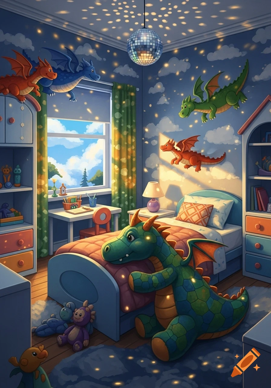 A cozy, colorful children's room with friendly cartoon dragons flying on the walls and a large plush dragon on the bed. A disco ball projects light spots.