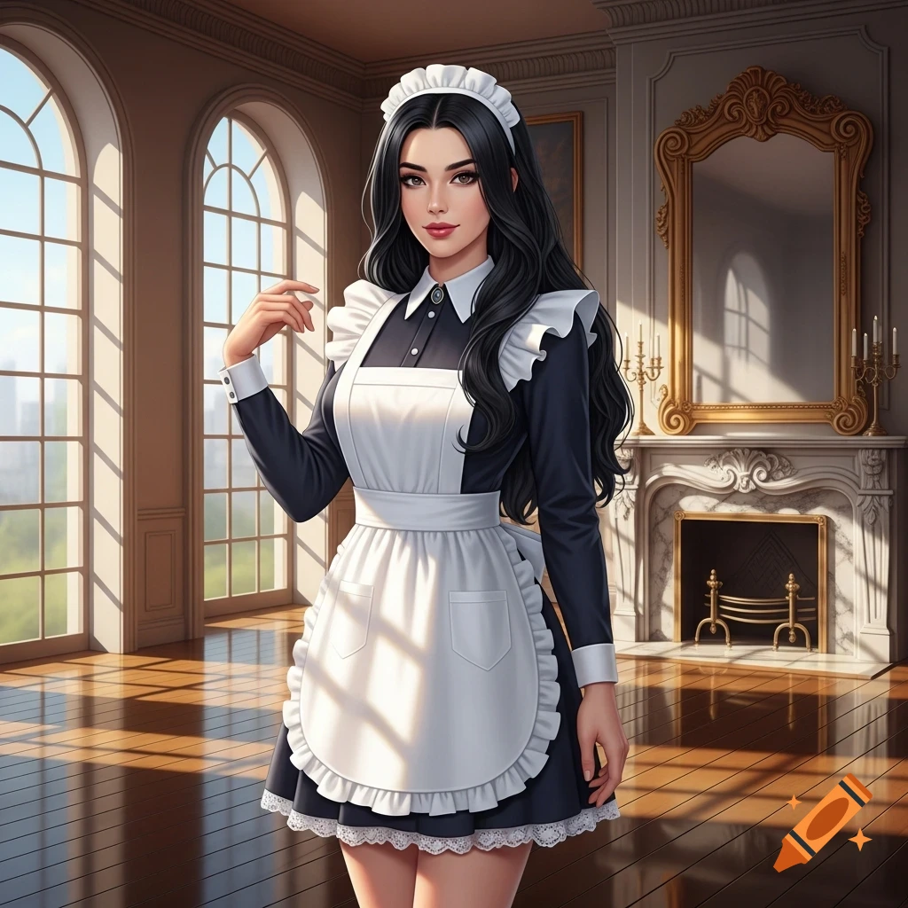 A woman with long black hair, wearing a white and black maid uniform, stands in a luxurious room with large arched windows and a fireplace.