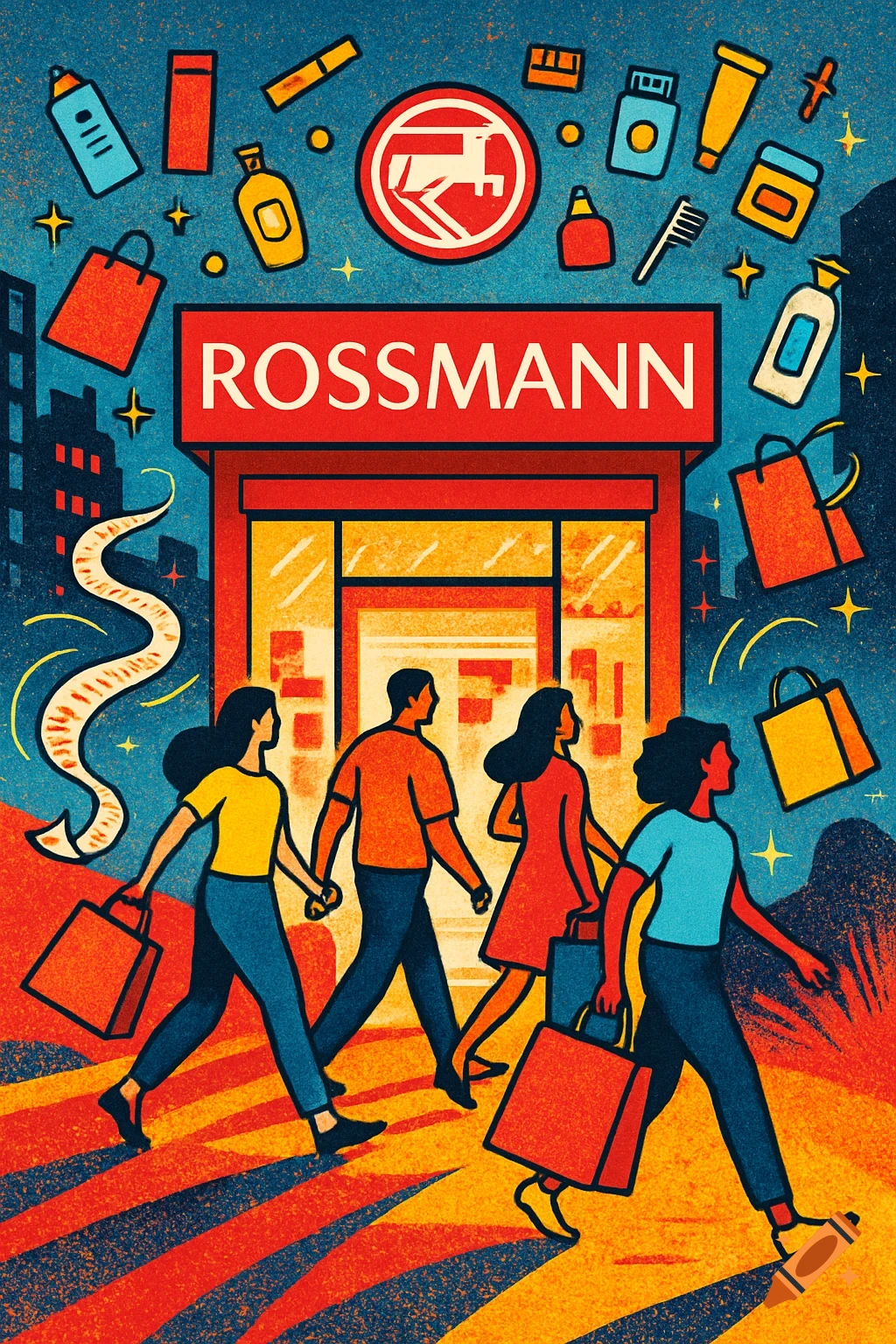 Colorful illustration of four stylized people walking with shopping bags outside a ROSSMANN store, with toiletries floating above.