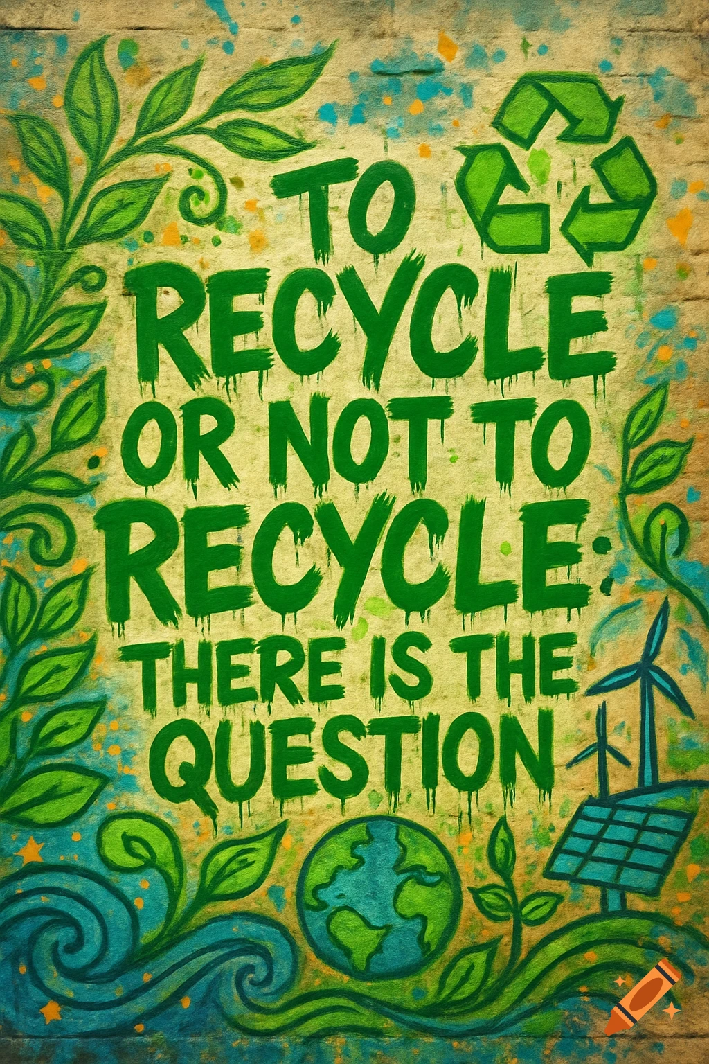 Green graffiti art reads 'TO RECYCLE OR NOT TO RECYCLE: THERE IS THE QUESTION', surrounded by leaves, Earth, windmills, and solar panels.