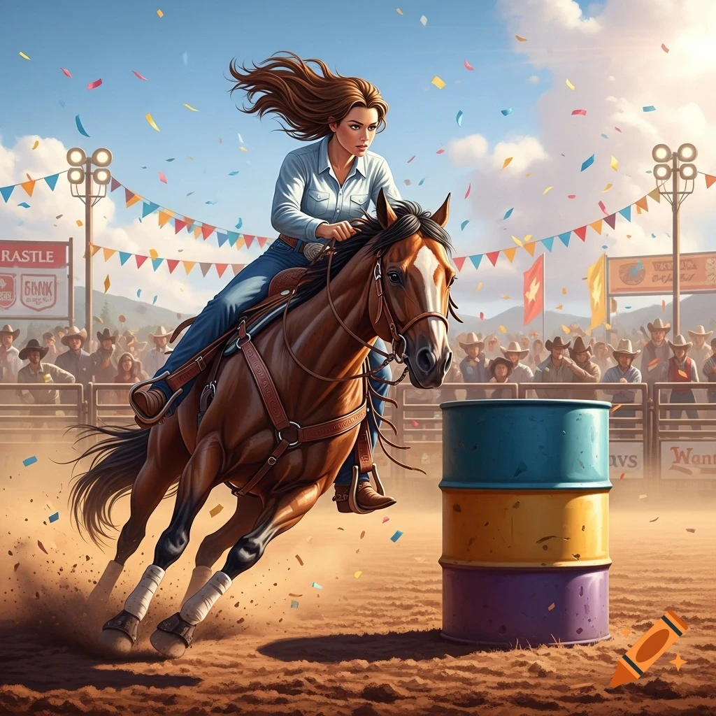 A cowgirl on a brown horse gallops around colorful barrels at a rodeo arena filled with spectators and confetti under a bright sky.