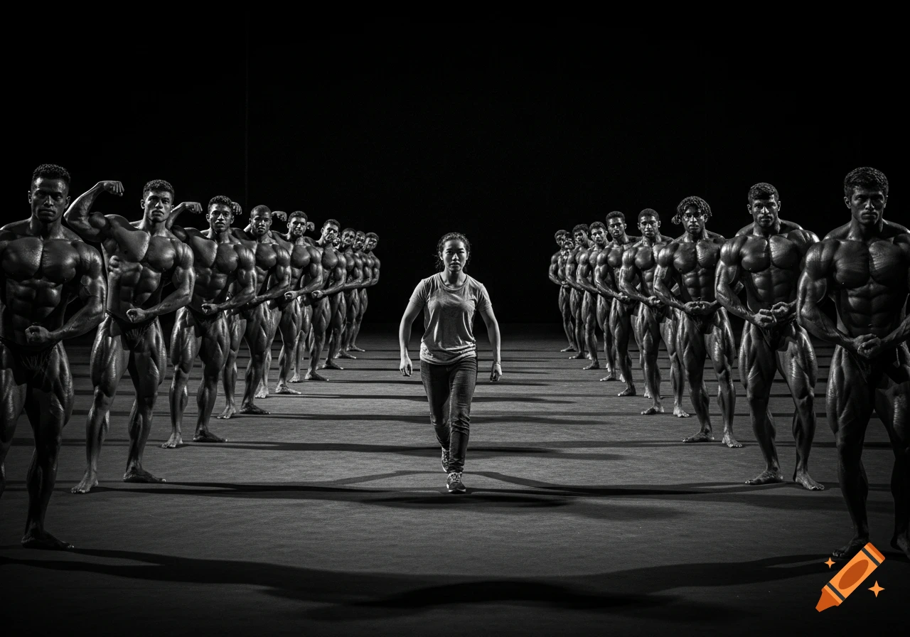A lone person walks forward between two long lines of muscular bodybuilders posing on a dark stage in a monochrome, photographic style.