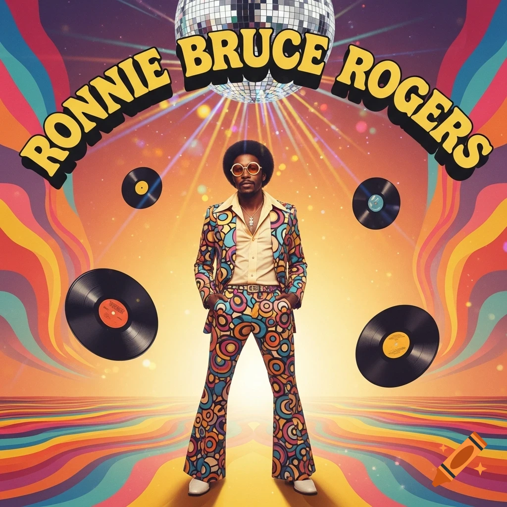 A man in a retro disco suit stands under a disco ball, surrounded by vinyl records, with 'Ronnie Bruce Rogers' written above.