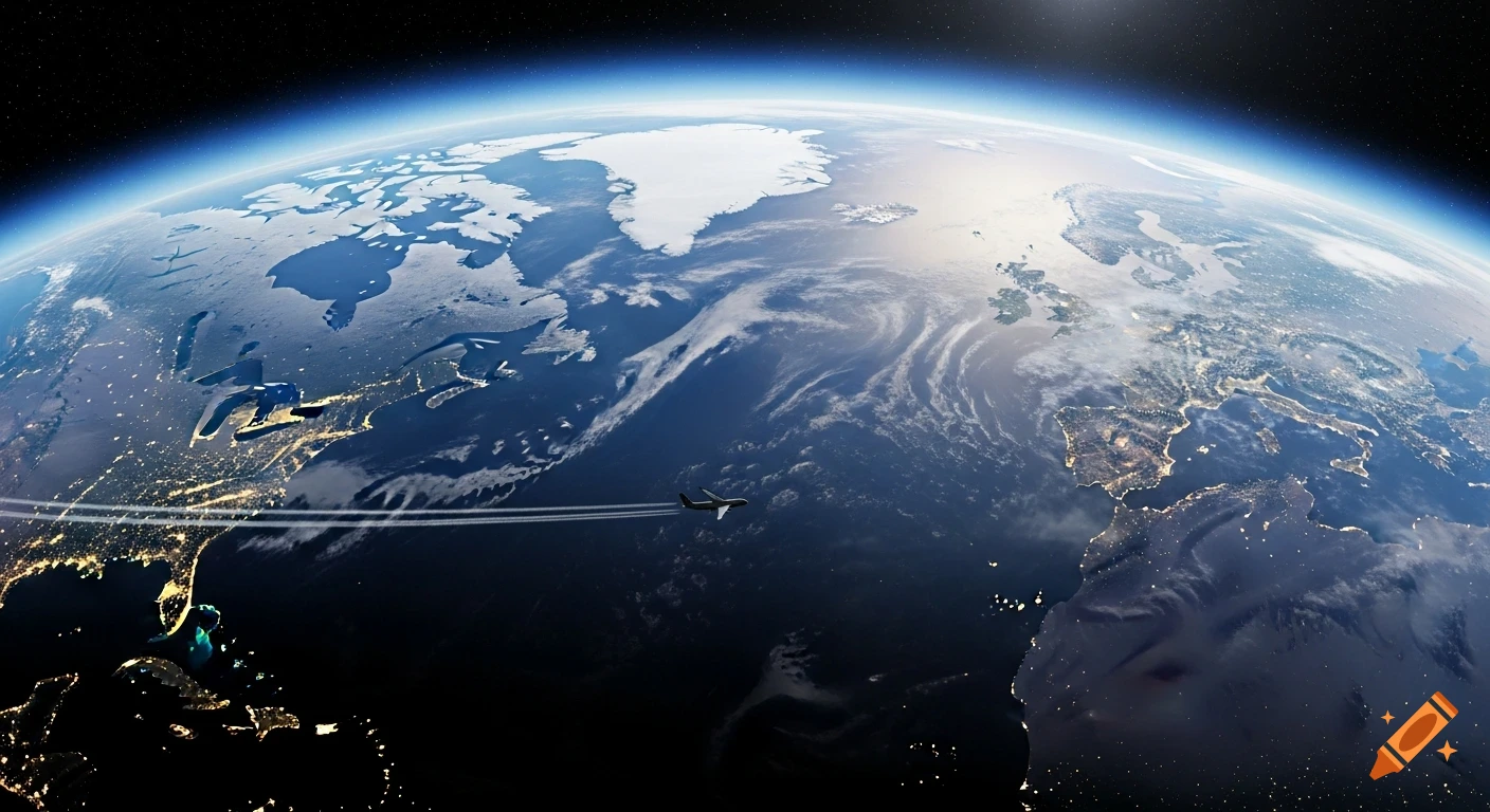 An airplane leaves a contrail over the curved surface of Earth, showing North America and Europe partially lit by city lights.