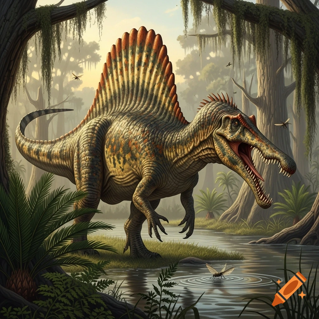 A detailed, realistic Spinosaurus stands in a prehistoric swamp, its mouth open, surrounded by lush trees and water.