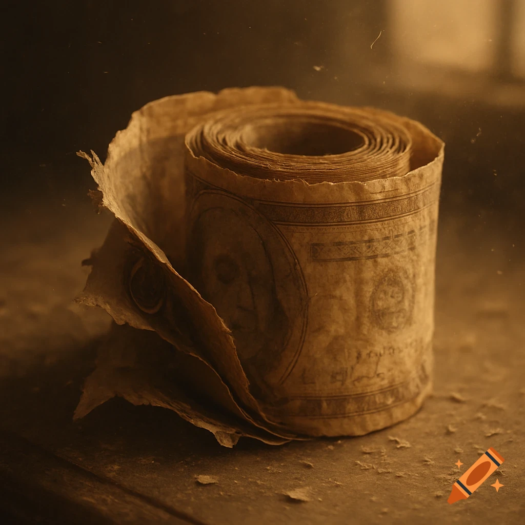 A close-up, top-down view of a roll of faded, weathered money notes with torn, brittle edges on a dark, dusty surface, featuring vague, illegible print.