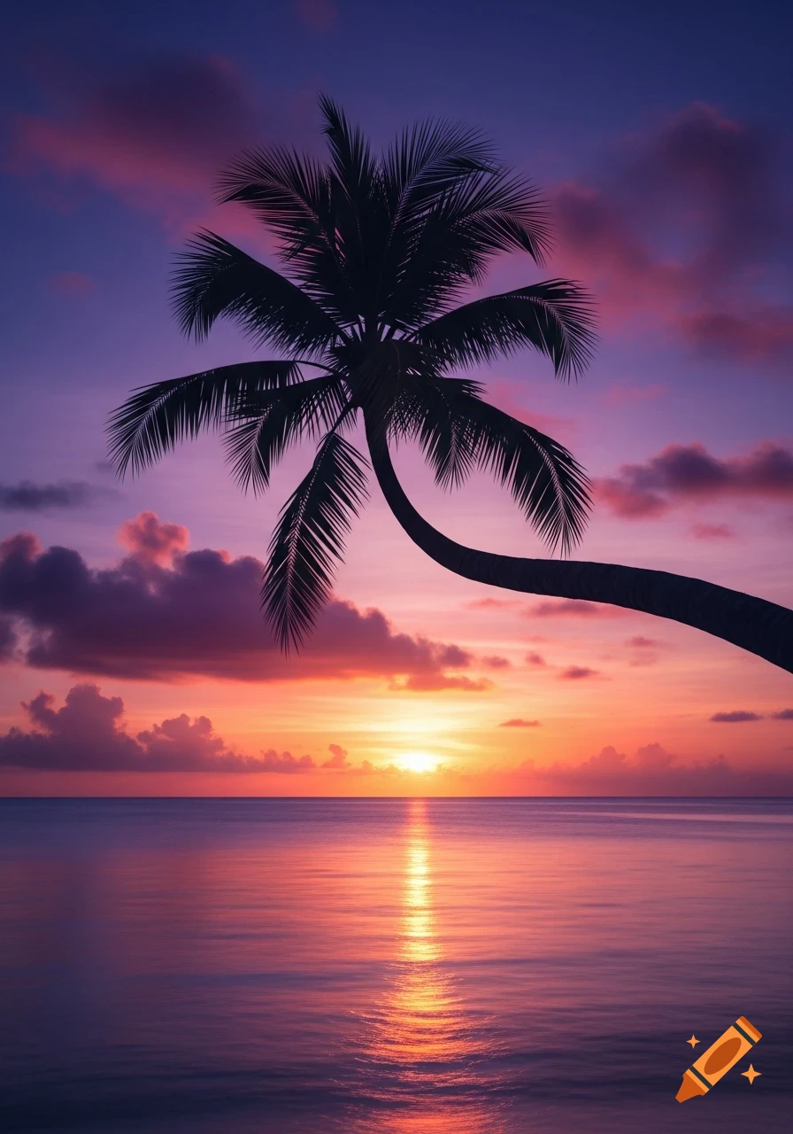 Silhouetted palm tree against a vibrant purple and orange sunset over a ...
