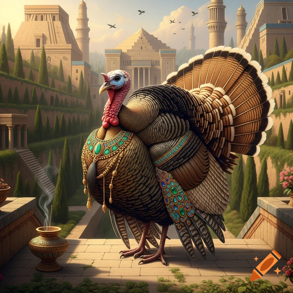 A grand turkey adorned with gold and emerald jewelry stands on a terrace overlooking ancient Babylonian-style buildings and hanging gardens.