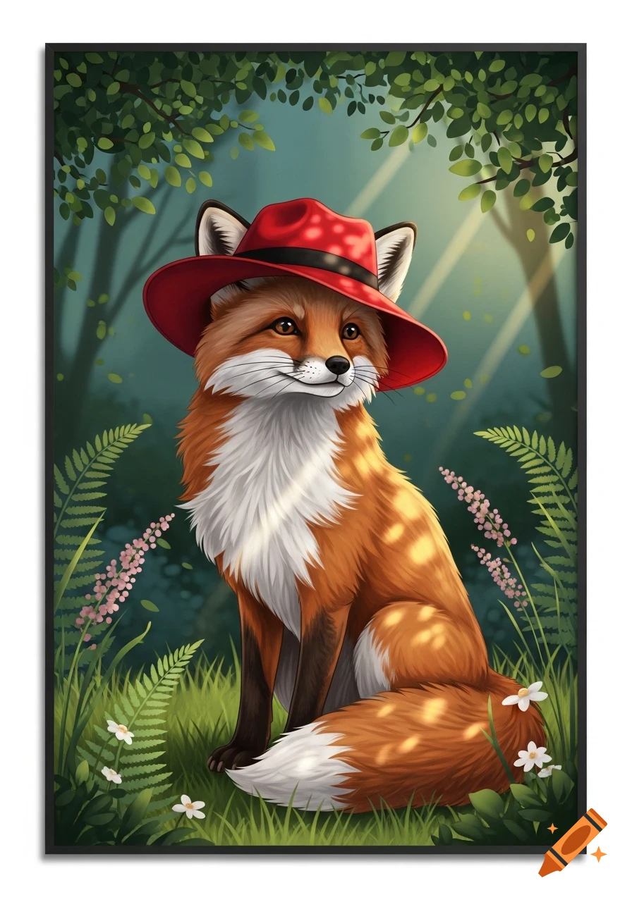 A stylized illustration of a cute fox wearing a red hat, sitting in a lush forest with dappled sunlight.