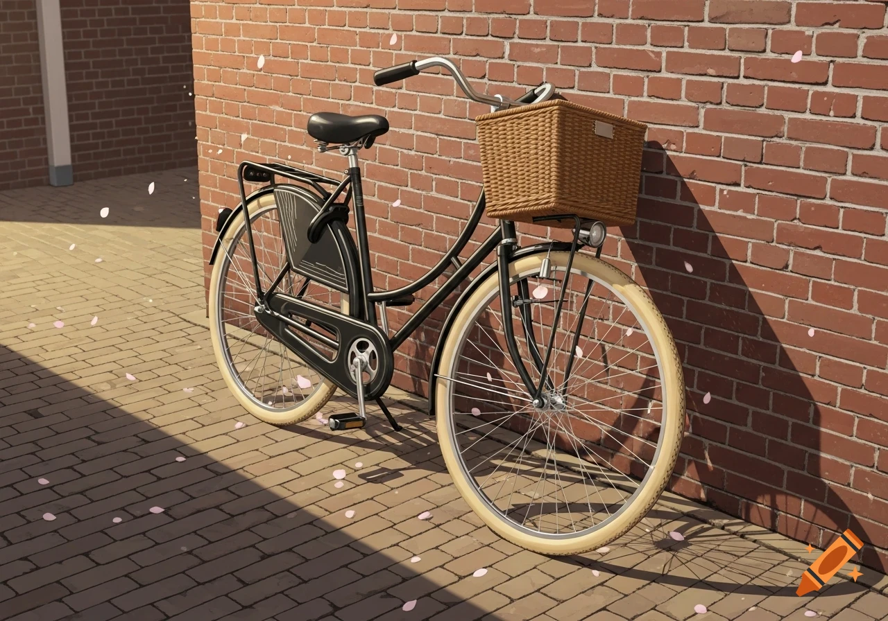 A black bicycle with a wicker basket leaning against a red brick wall, with pink cherry blossom petals scattered on the cobblestone ground.