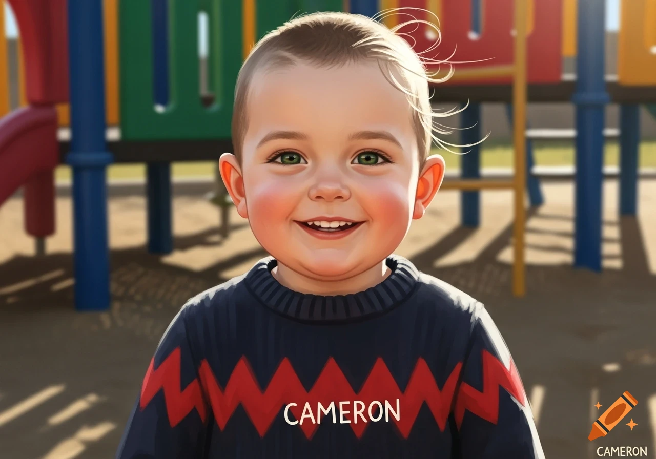 A smiling baby boy with green eyes and light hair, wearing a blue sweater with 'CAMERON' written on it, in a bright stylized playground.