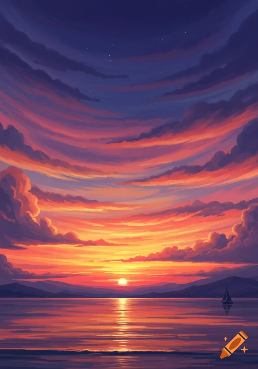 A vibrant, stylized sunset painting over calm water with mountains in the distance and a lone sailboat.