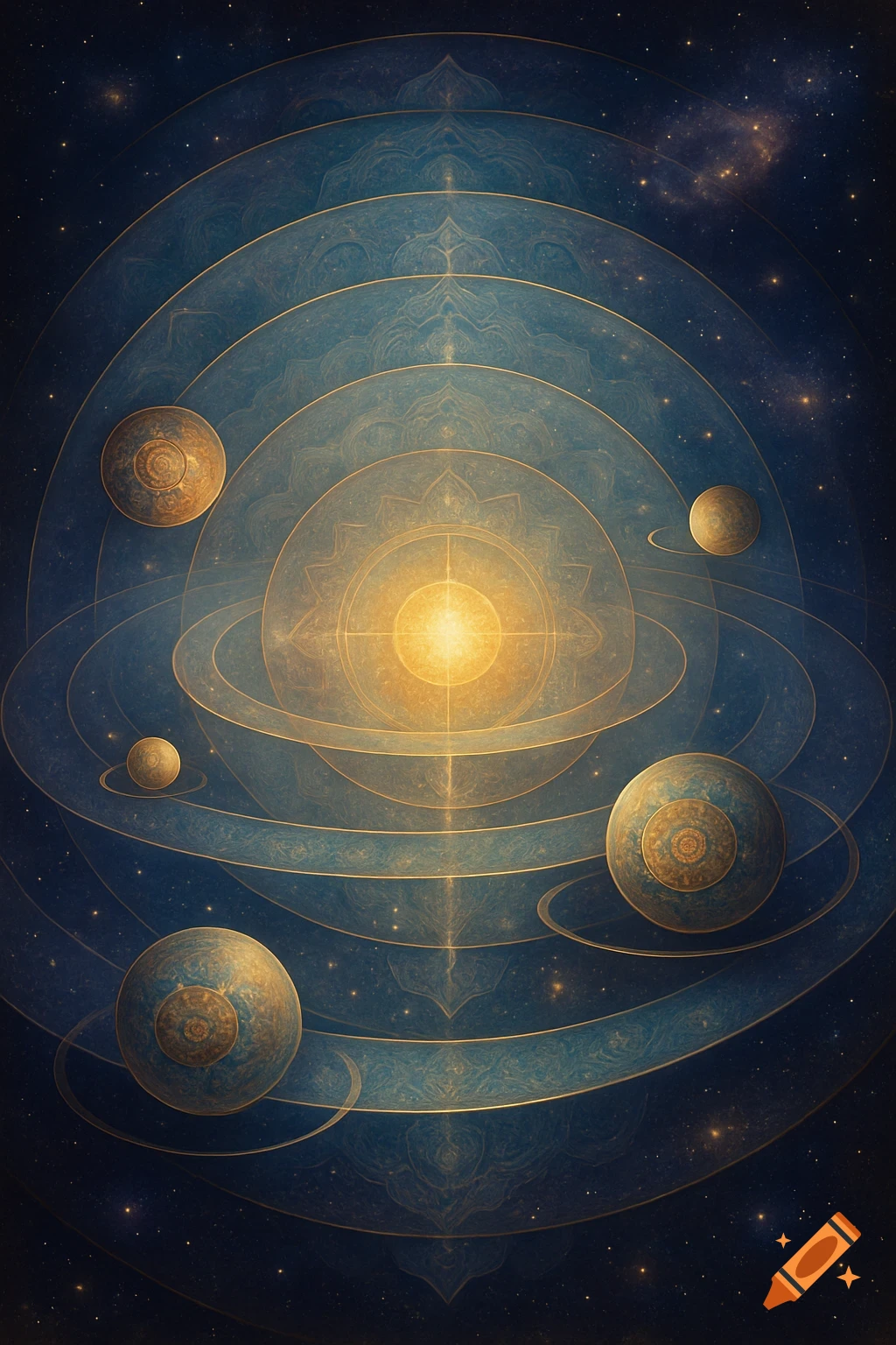 A stylized bhumandala solar system with a central glowing sun, orbiting planets, and intricate golden patterns on a dark blue starry background.