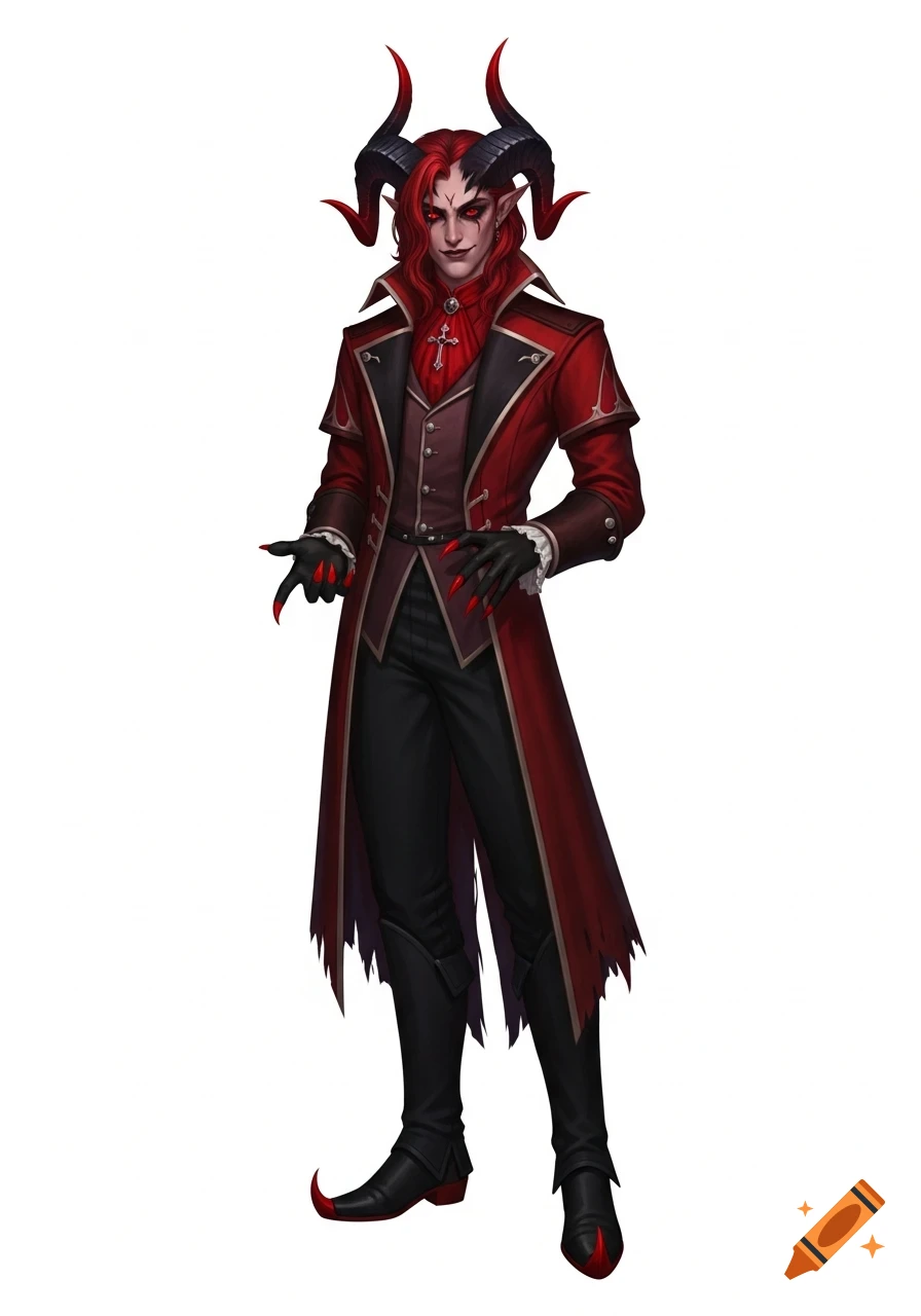 A full-body fantasy portrait of a male Tiefling with red hair and black-tipped horns, wearing a red coat, black pants, and gloves with sharp red fingertips, smiling with pointed teeth.