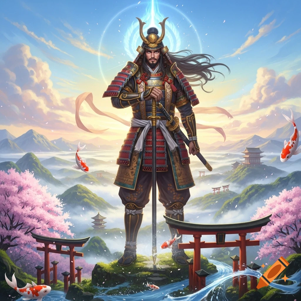 A formidable samurai warrior god in elaborate armor stands in a vibrant, surreal Japanese landscape with cherry blossoms, torii gates, and flying koi fish.