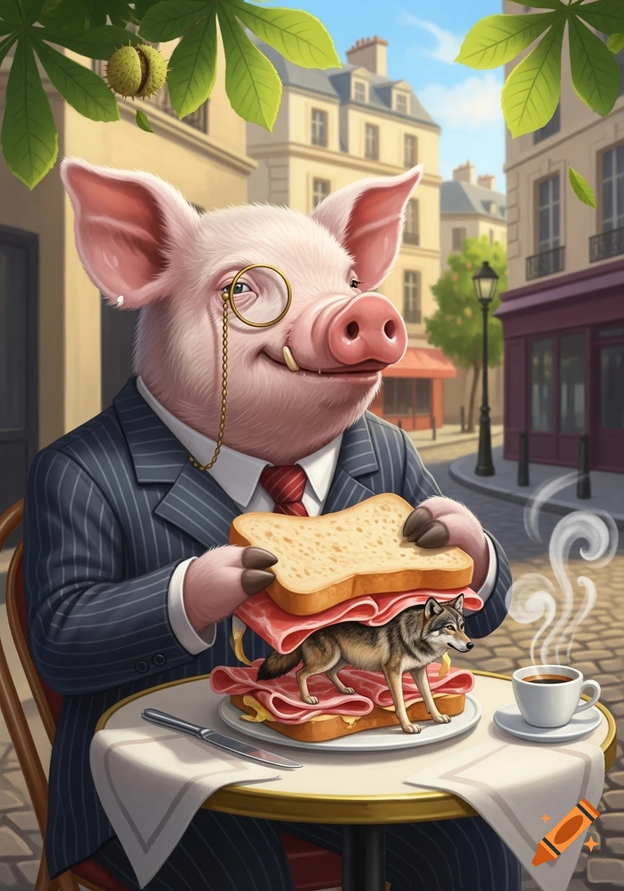 A refined anthropomorphic pig in a suit and monocle holds a sandwich with ham and a whole wolf, at a Parisian cafe.