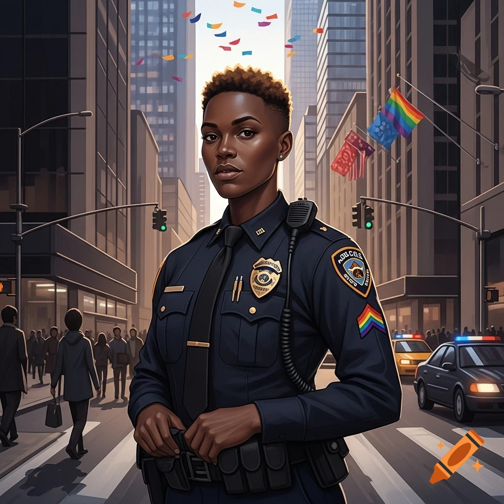 A Black policewoman in uniform stands on a city street, with rainbow flags and confetti overhead.