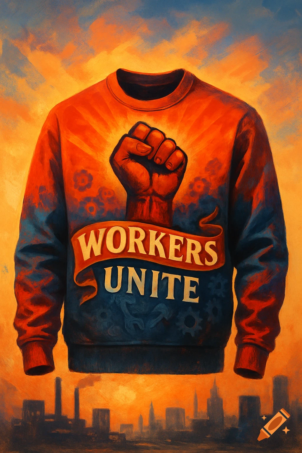 A vibrant painted illustration of a sweater featuring a raised fist and "WORKERS UNITE" against an orange sky and city skyline.