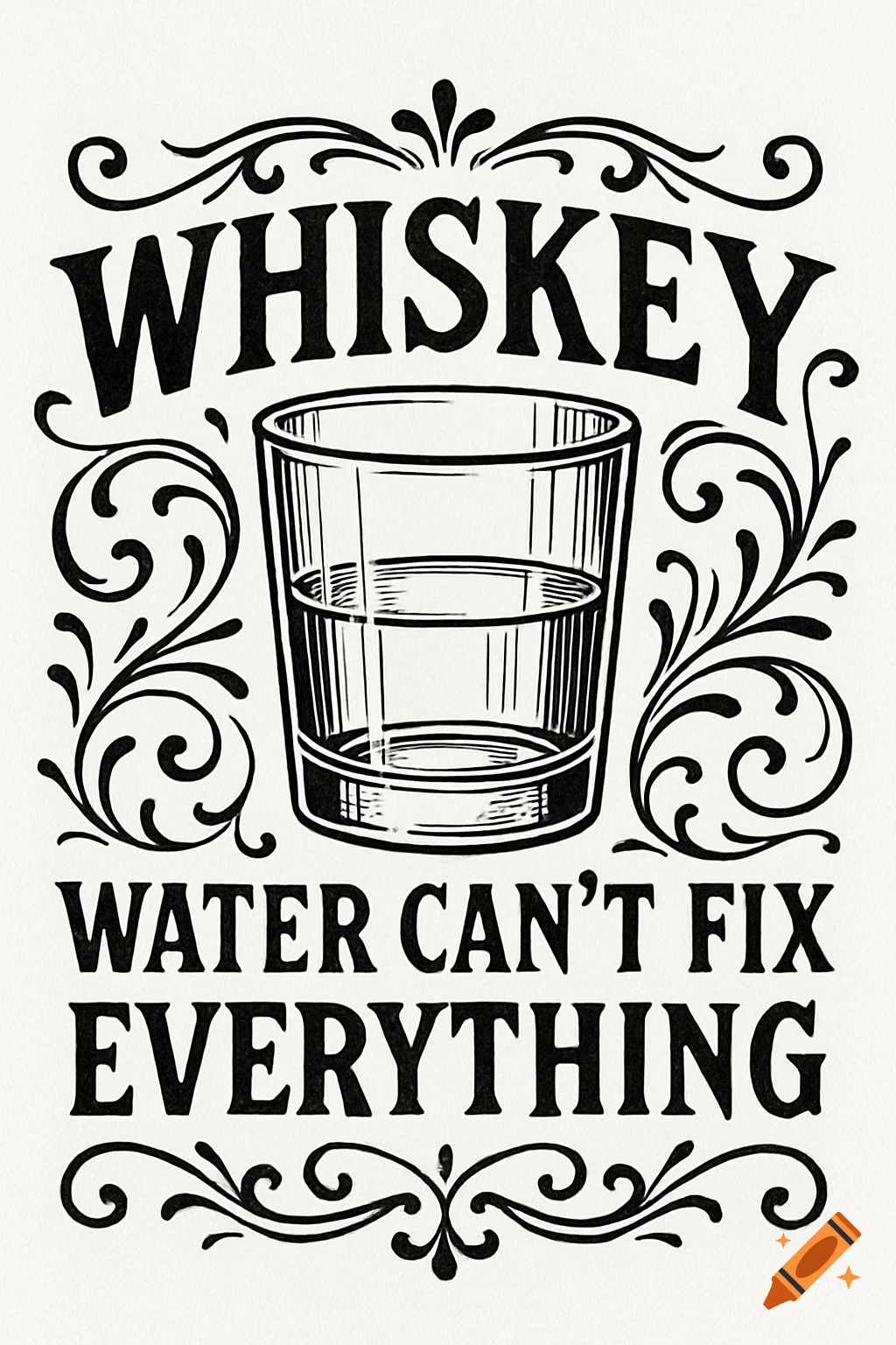 Black and white vintage illustration with a whiskey glass and decorative flourishes, featuring the text 'Whiskey Water Can't Fix Everything'.