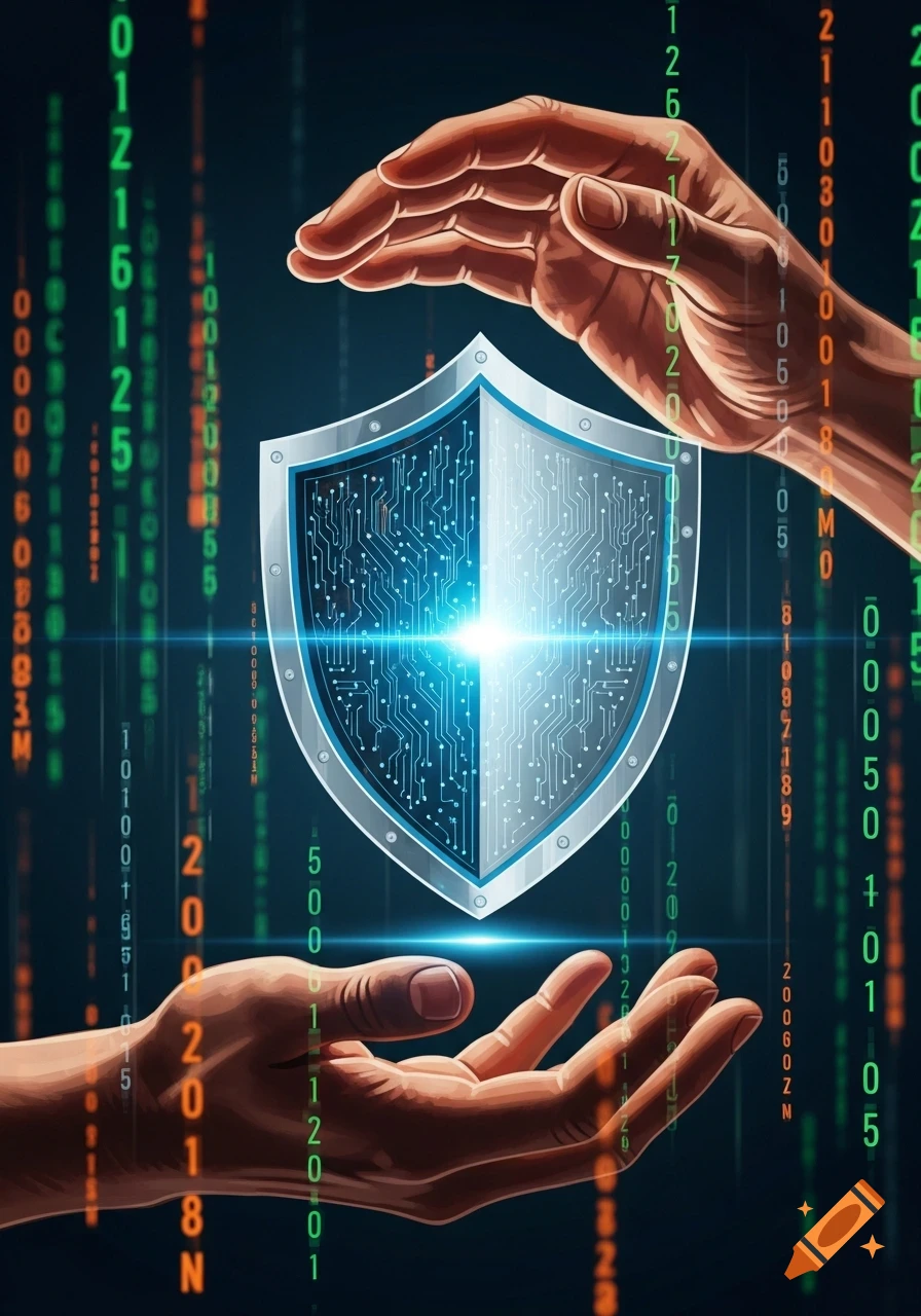Two hands protecting a glowing digital shield against a background of falling green and orange digital code.