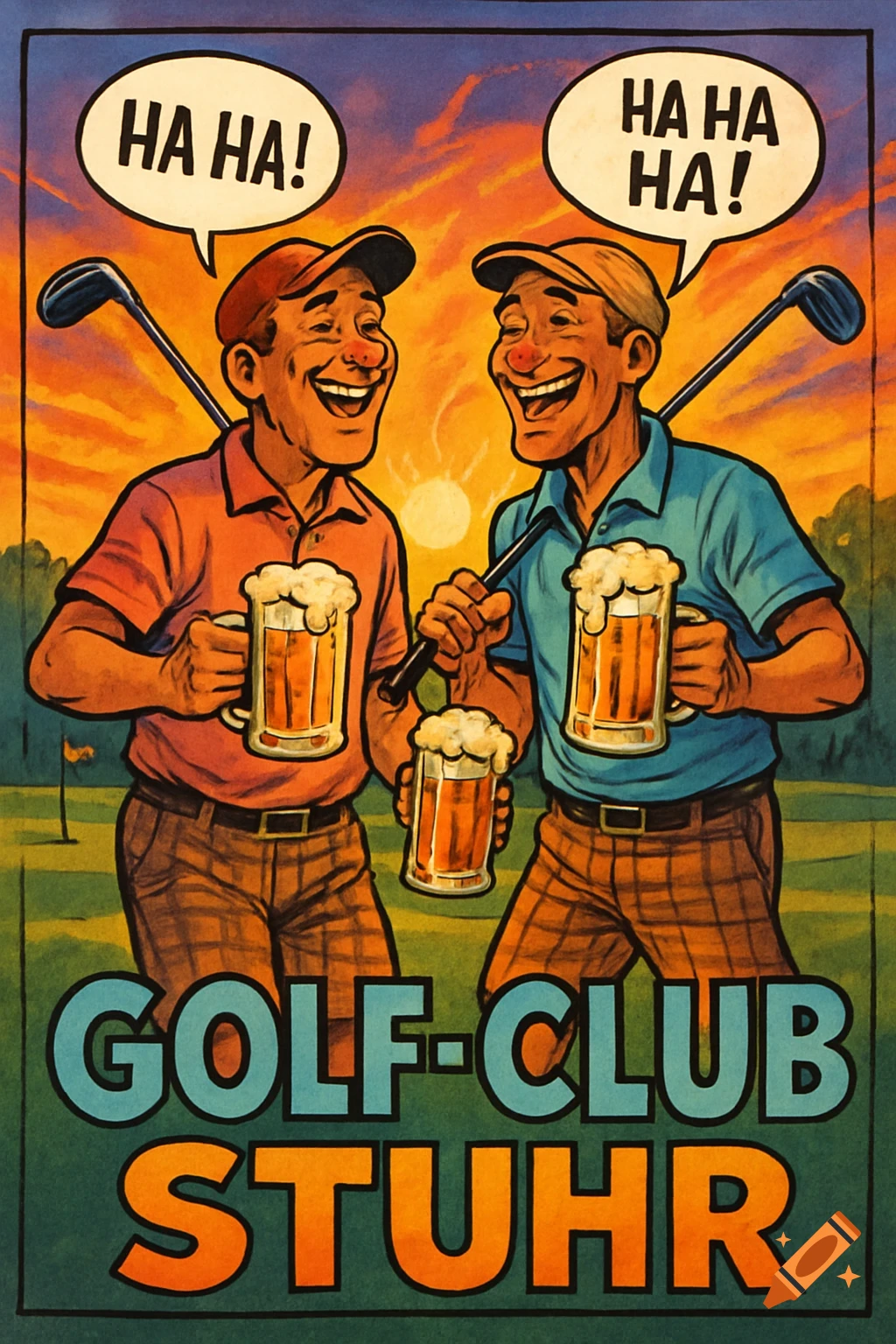 Two laughing men in a comic art style on a golf course holding mugs of beer, with text 'HA HA!' and 'GOLF-CLUB STUHR'.