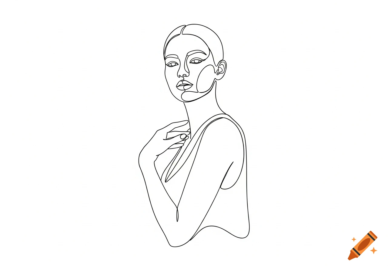 A minimalist black and white line art drawing of a woman's upper body with her hand on her chest.