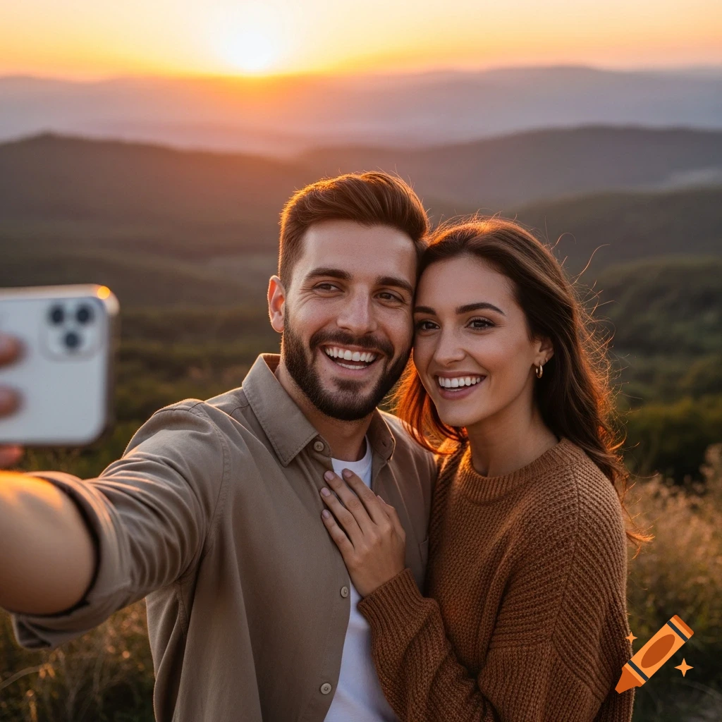A smiling couple takes a selfie at sunset with mountains in the background.