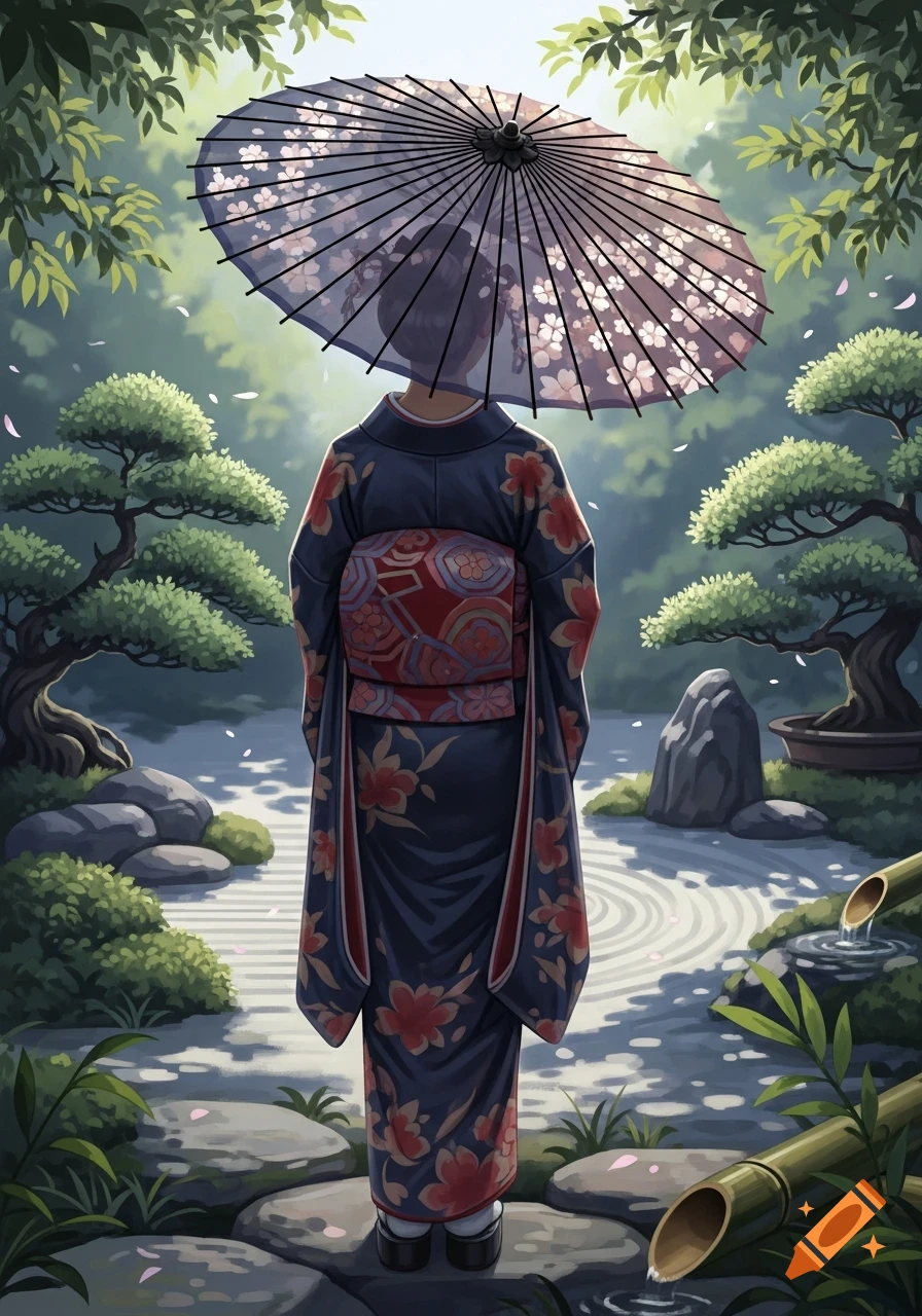 Digital painting of a person in a traditional kimono, seen from the back, holding a cherry blossom umbrella in a tranquil Japanese garden with bonsai trees.