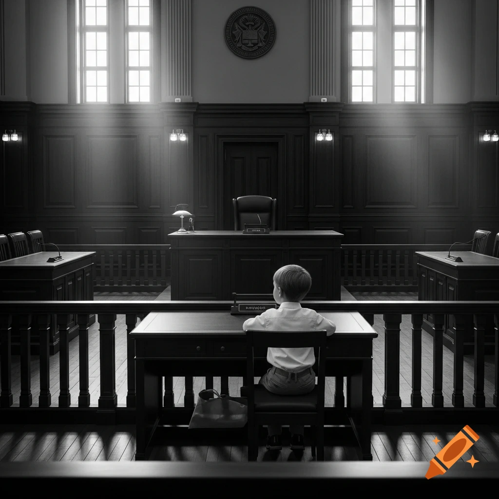 A little boy sits at the defendant's desk, looking forward to the empty judge's desk in a stark black and white courtroom.