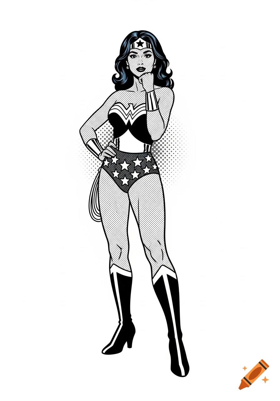 Monochrome pop art illustration of Wonder Woman standing, with one hand on her hip and the other to her chin, against a white background.