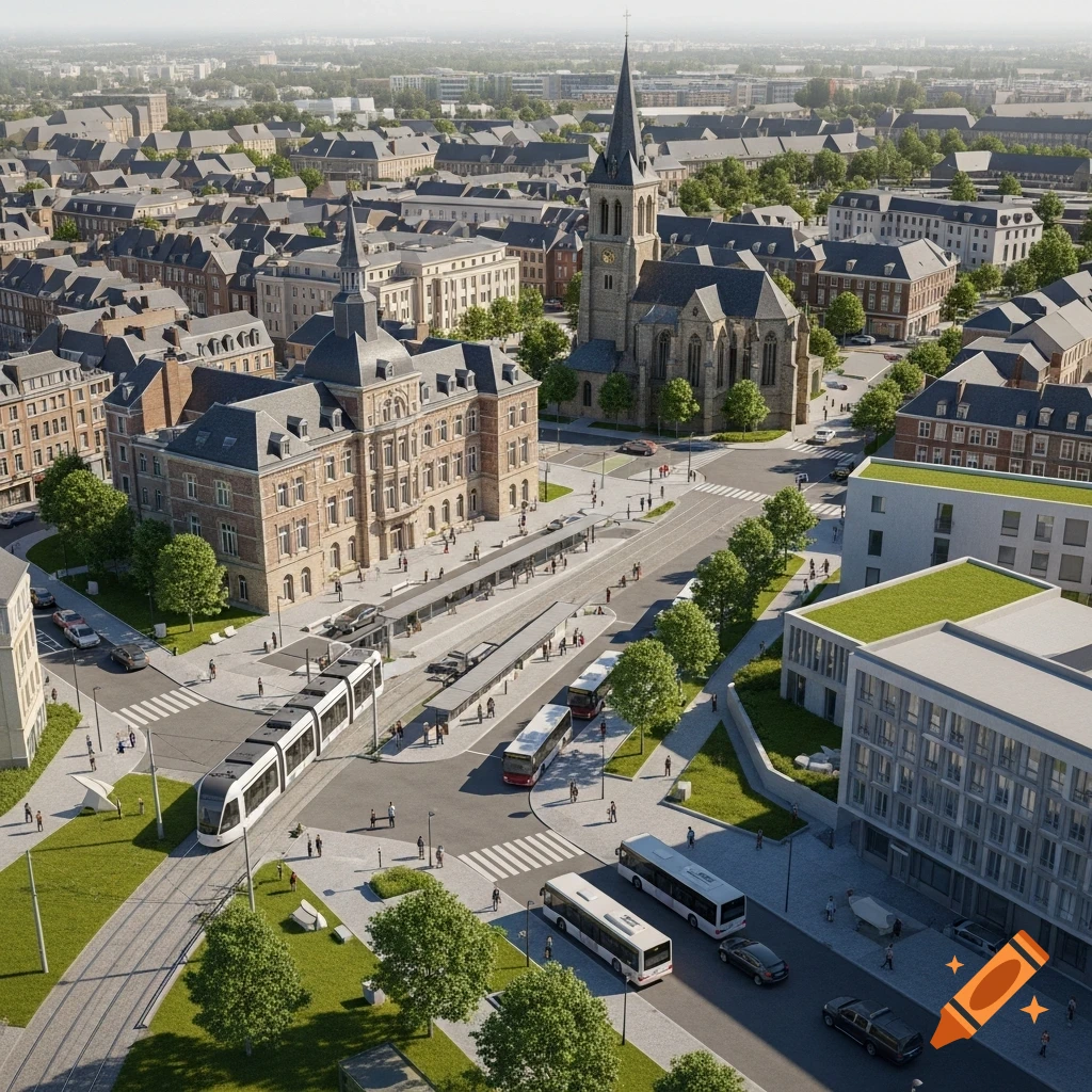 High-detail aerial 3D rendering of an urban square with a historic mairie, church, tram, buses, and modern buildings.