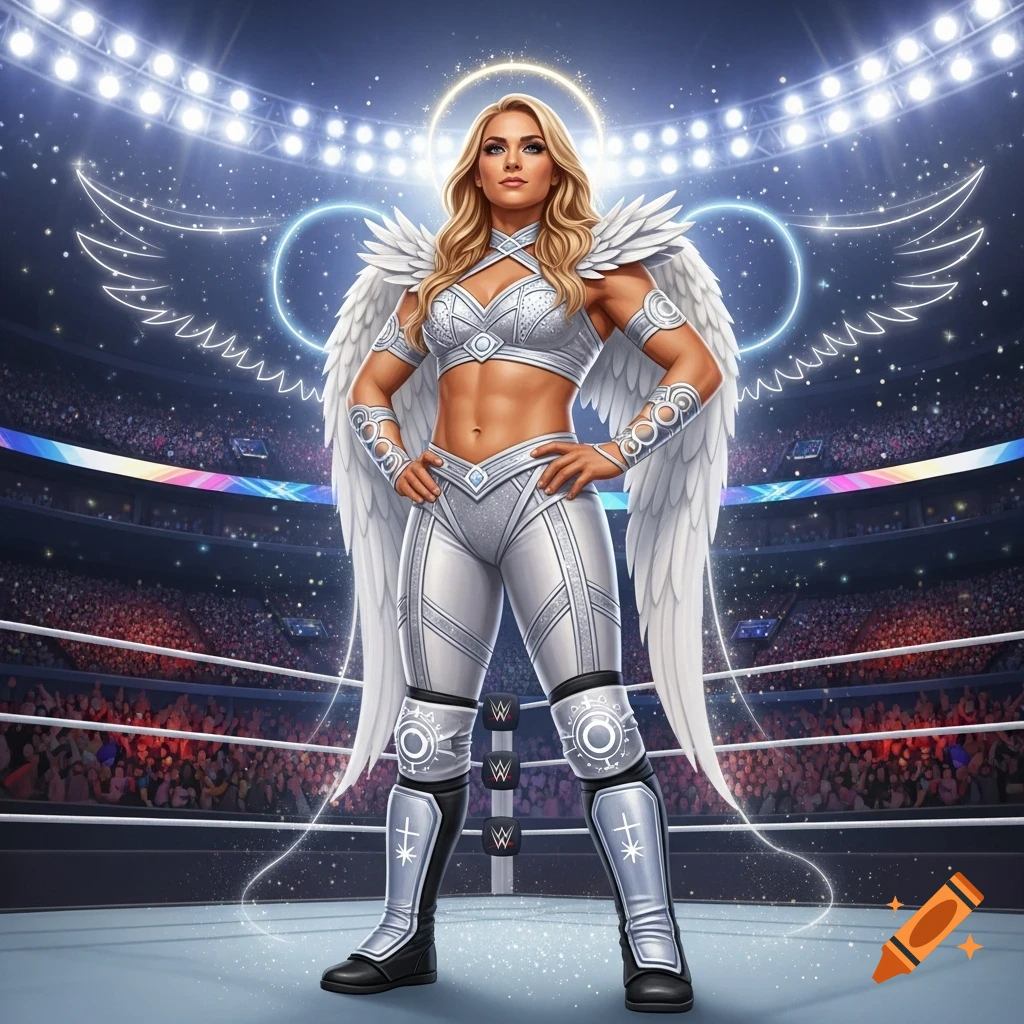 An illustration of a blonde female wrestler in a white and silver angel outfit with wings and halo standing in a wrestling ring.